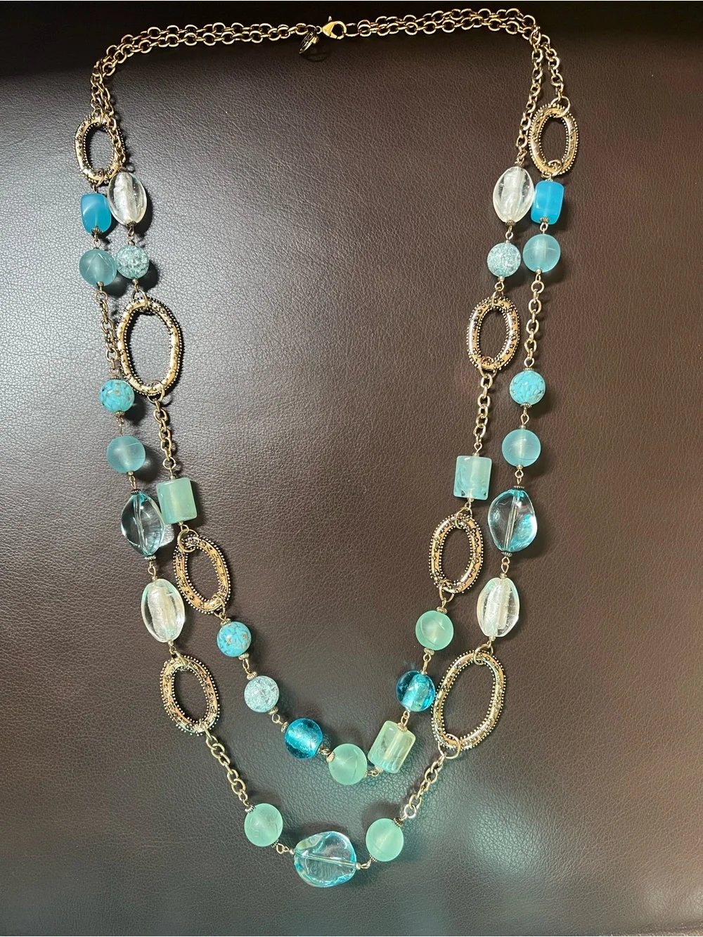 Erica Lyons Necklace Multi-layered Gold-Tone Chain with Blue Aqua Beads 36”